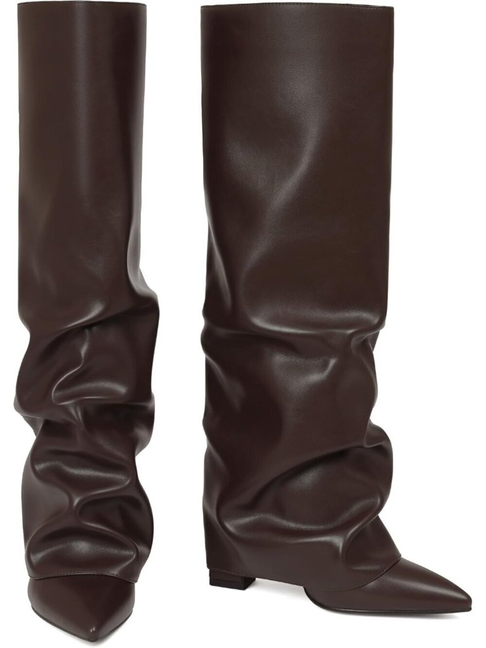 Women's Chocolate PU Slouchy Knee High Boots Black Pointed Toe Fold Over Chunky - Picture 5 of 5